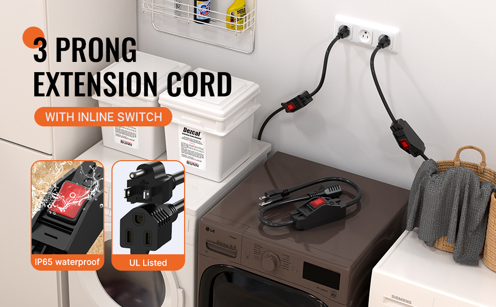 Extension Cord with Switch On/Off 3 Prong Outdoor Inline Cord Switch 125V/250V