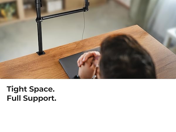 Text reads 'Full Support.' Sequential images showing tablet mount supporting device in different positions and orientations.