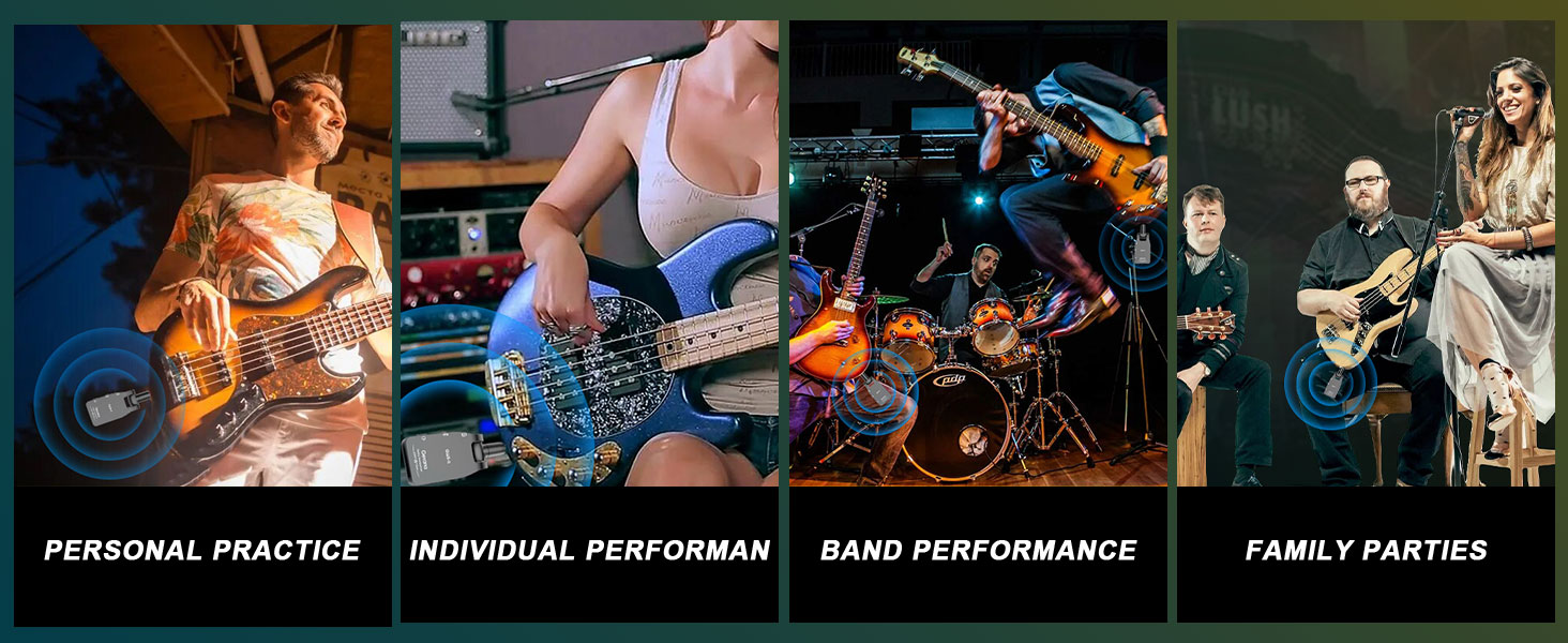 Four-panel image showing guitar use: personal practice, individual performance, band performance, and family parties. Each panel displays a person playing an electric guitar in different settings.
