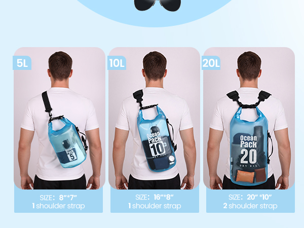 Waterproof dry bag with shoulder strap size options 5l 10l 20l