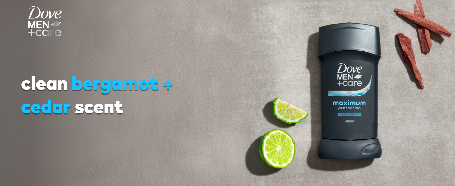 Dove Men+Care logo above text next to deo stick &amp;amp; visual scent representations of bergamot &amp;amp; cedar.
