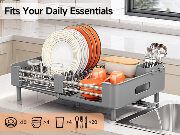 Expandable Dish Drying Rack for Kitchen Counter, Extendable Dish Rack with Drainboard