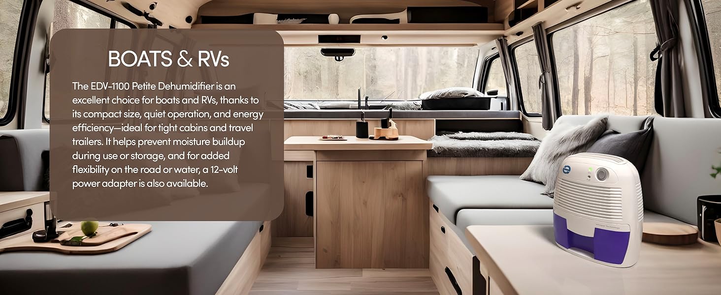 Eva-Dry EDV-1100 Petite Dehumidifier inside a compact RV or boat cabin, perfect in tight spaces