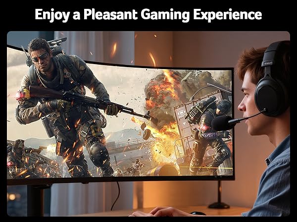 Text reads 'Enjoy a Realistic Gaming Experience'. Action-packed gaming scenes showing combat and explosion effects in dramatic lighting.