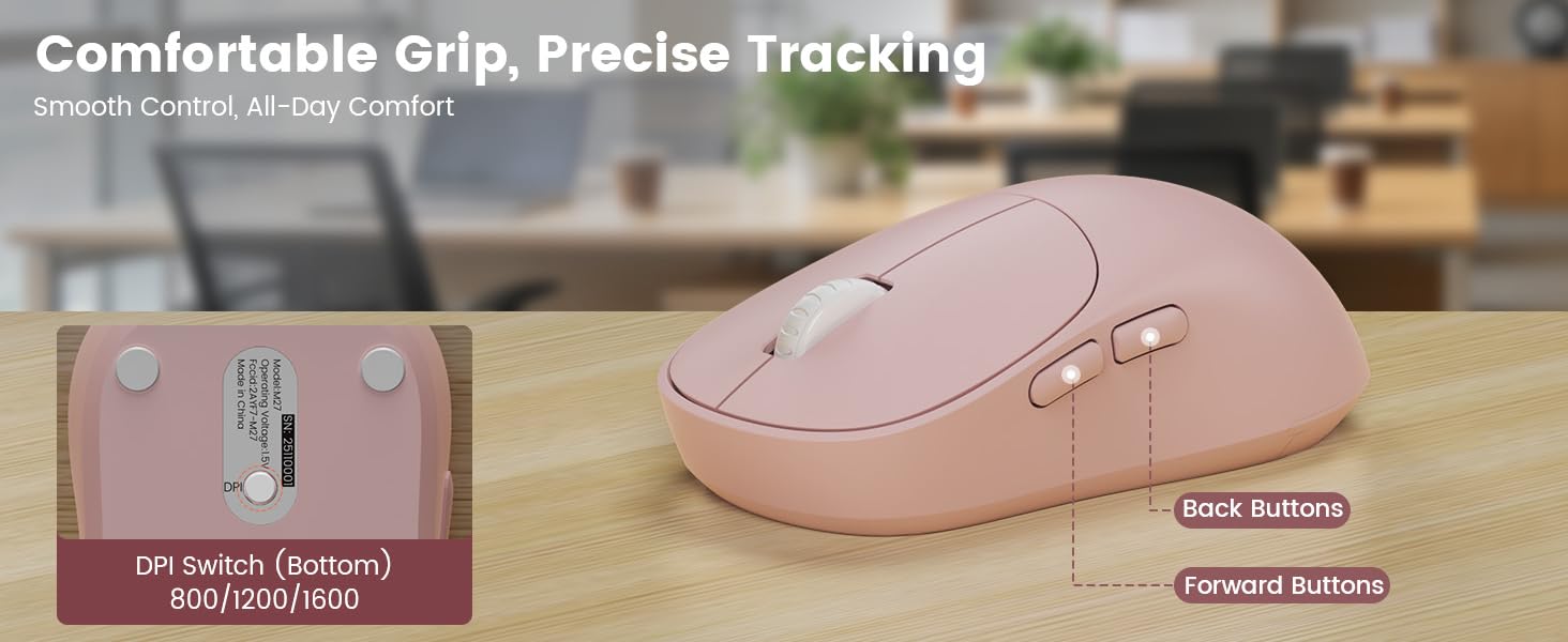wireless mouse showing DPI switch 800 1200 1600 with forward and back buttons for precise tracking