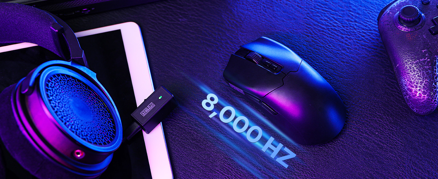 Close-up of computer peripherals under blue and purple lighting, featuring a mouse, speaker, and text displaying '8000Hz'.