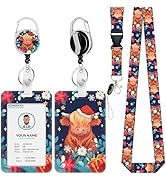 Christmas ID Badge Holder with Lanyard, Highland Cow Lanyards for ID Badges, Badge Reels Retracta...
