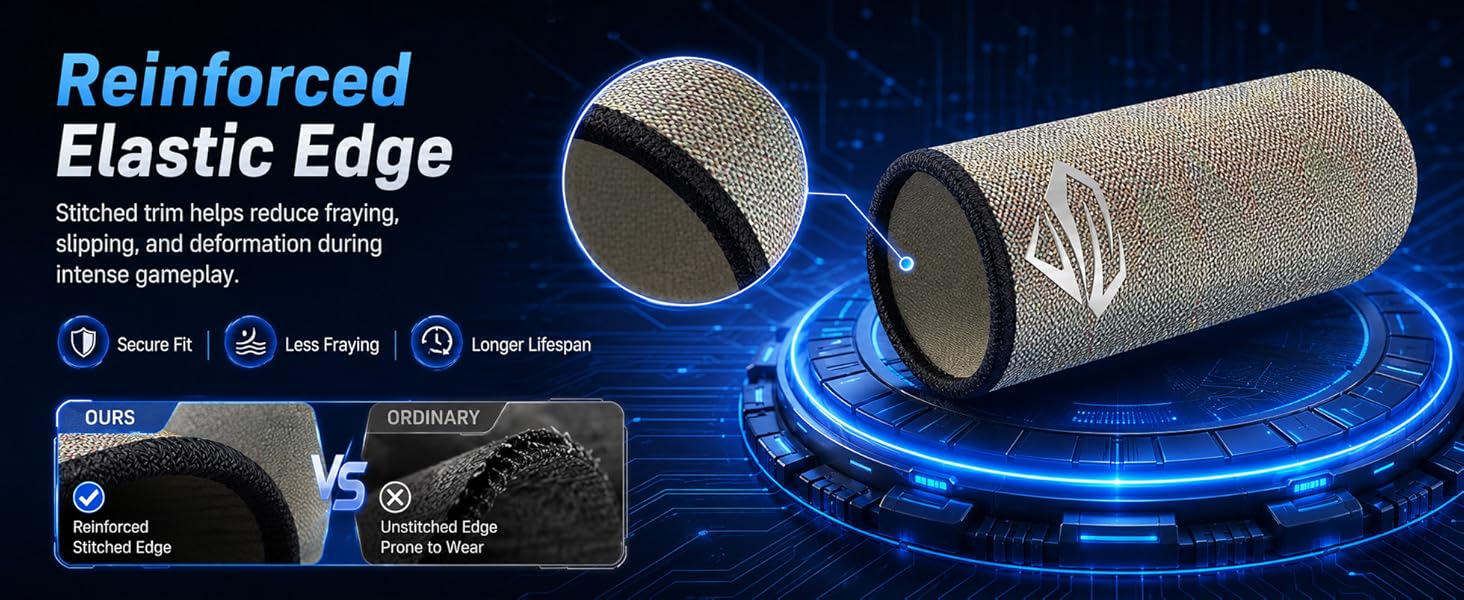 Reinforced elastic edge gaming finger sleeves for secure fit