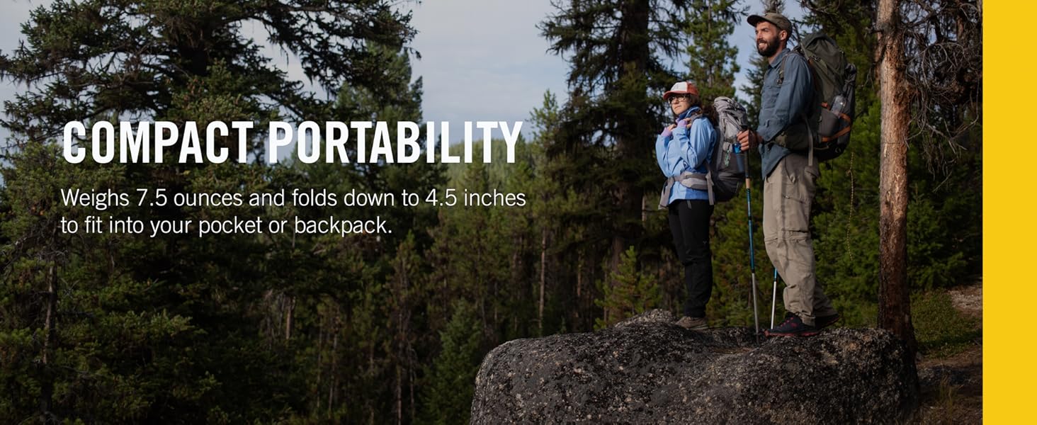 Compact Portability. Weighs 7.5 ounces and folds down to 4.5 inches.