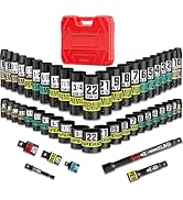 KIRXST 3/8" Drive Impact Socket Set, 50-Piece Standard SAE 5/16 to 3/4 inch and Metric 8-22mm, Cr...