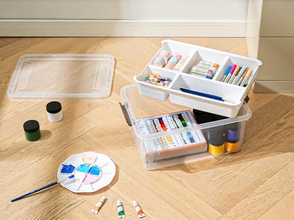 Plastic Storage Box with Removable Tray Craft Organizers and Storage Clear Storage Container