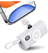 TCNOLL White Small Battery Charger for iPhone Builtin USB C Cable 5000mAh Power Charger Portable ...
