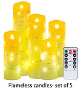 CANDLE IDEA 5PCS Battery Powered Flickering Real Wax Flameless Candles with Embedded String Light...