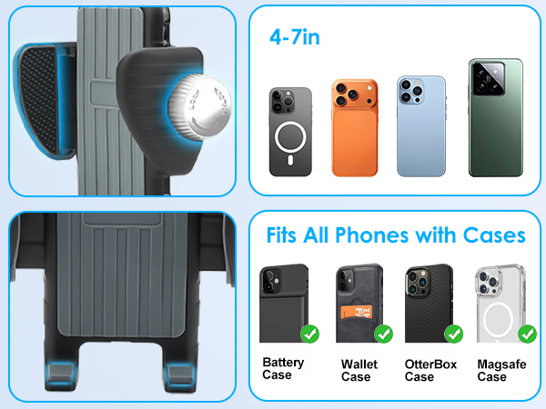 Text reads 'Fits All Phones with Cases'. Product display showing various phone cases in different colors including green, orange, and blue models.