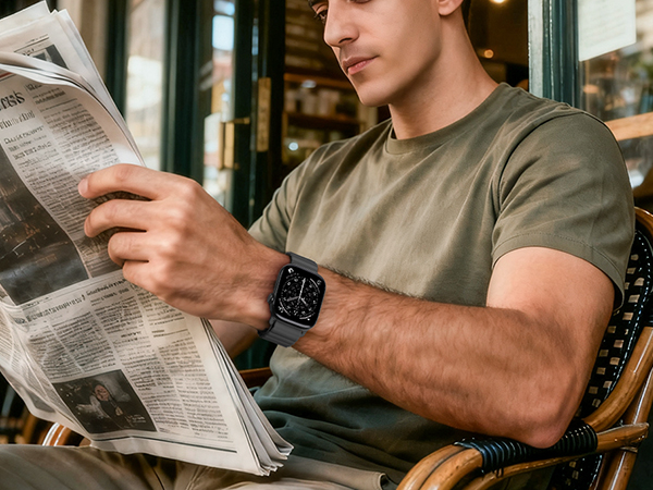Series of images showing person reading newspaper while wearing smartwatch device on wrist.