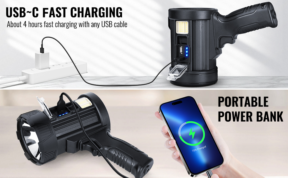 Rechargeable Spotlight Super Bright Handheld Spot Light LED Flashlight High Lumens Powered