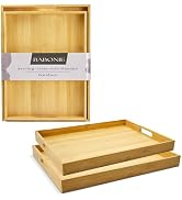 Bamboo Serving Trays with Handles Set of 2 - Portable Rectangular Trays for Serving Food, Serving...