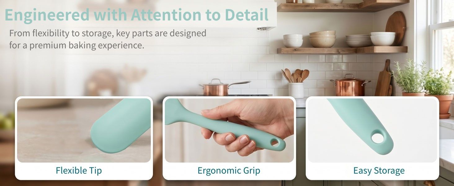 flexible tip, ergonomic grip handle, hanging hole for easy storage, silicone baking spreader tool