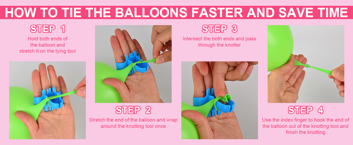 Step-by-step guide showing how to tie balloons quickly using a balloon tying tool