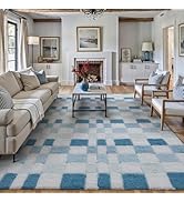 WondRg 8x10 Blue Area Rug Fluffy Shag Checkered Living Room Throw Carpet Washable Non-Slip Soft P...