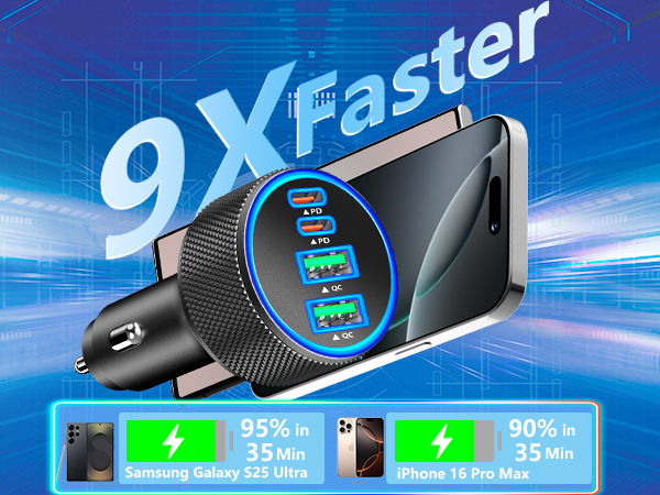MFi Certified iPhone 17 Car Charger 4-Port 90W USB-C PD/QC3.0 Car Charger Cigarette Lighter Adapter