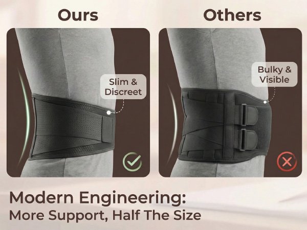 Side by side showing the slim Sparthos back brace versus bulky competitor lower back support belts