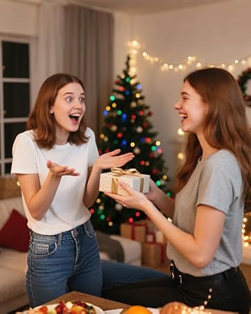 Interior scene showing people exchanging gifts in a living room setting with Christmas tree visible in background. Casual holiday gathering atmosphere.