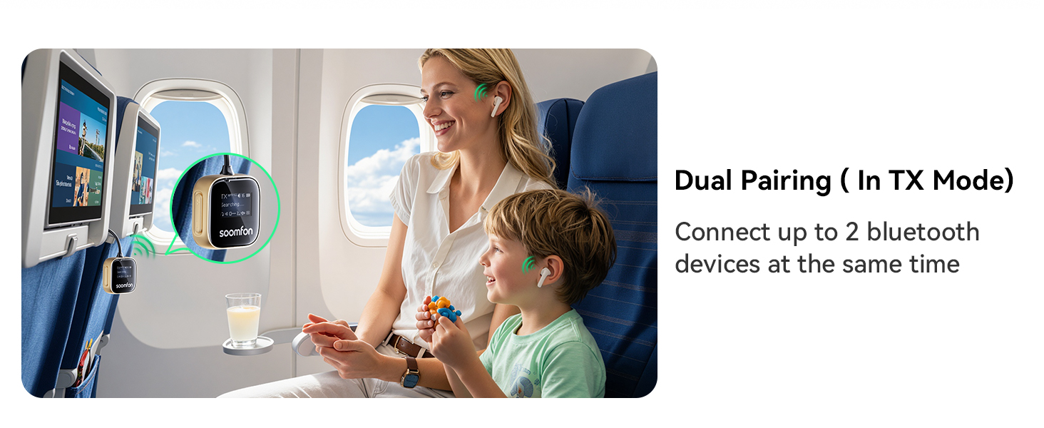Text reads 'Dual Pairing (1 in TX Mode)' and 'Connect up to 2 bluetooth devices at the same time'. Image shows woman with child using device in airplane cabin.