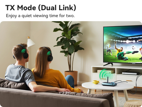 Text reads 'TX Mode (Dual Link)' and 'Enjoy a quiet viewing time for two.' Shows multiple views of people using wireless TV audio sharing feature in living room setting.