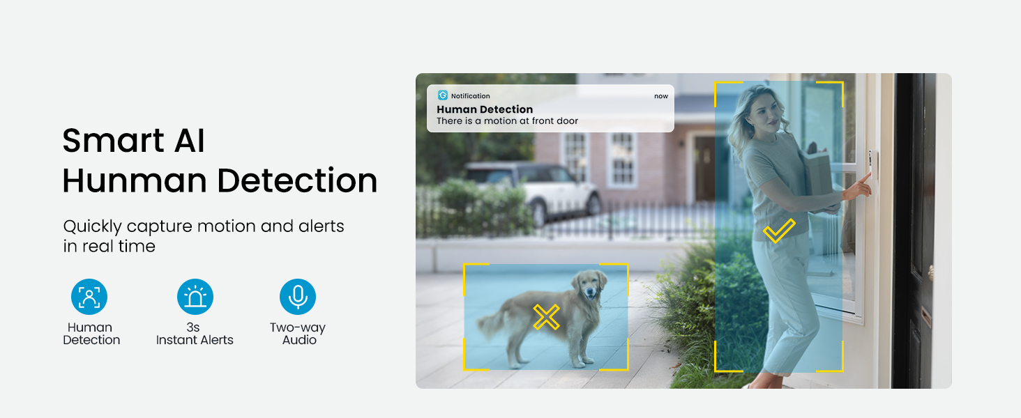 Smart AI detects human shapes accurately, reducing false alerts from pets for precise notifications.