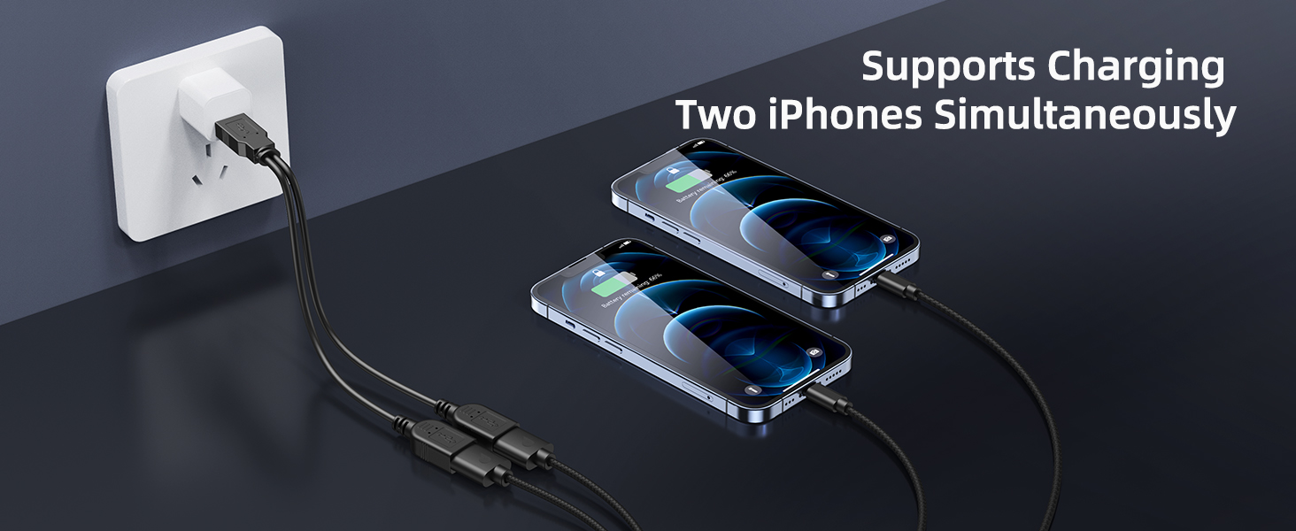 Dual iPhone charging cable plugged into wall outlet, powering two smartphones. Text: 'Supports Charging Two iPhones Simultaneously'.