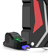 Gaming console accessory showing a black plastic mount or stand with red accents and a blue illuminated section.