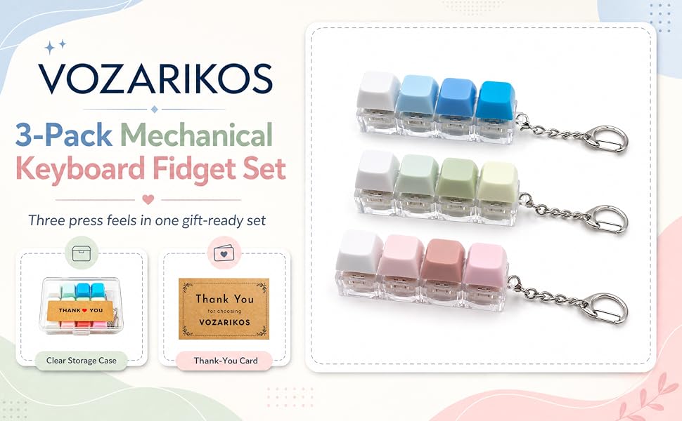 VOZARIKOS 3-pack mechanical keyboard fidget keychain set with clear storage case and thank-you card