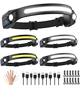 Headlamp Rechargeable 5Pack, 230° Wide Beam Head Lamp with 2 Spotlights, LED Headlamp with Motion...