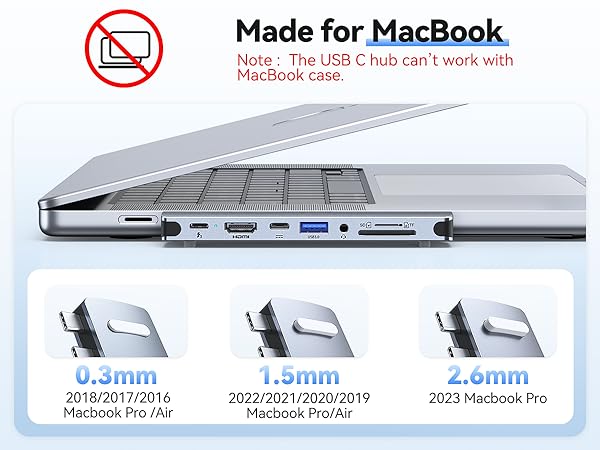 Laptop docking station with multiple ports. Designed for MacBook models, showing thickness compatibility for different years.