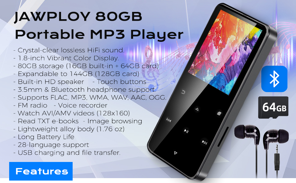 80GB MP3 Player with Bluetooth- Crystal-clear lossless HiFi sound. - 1.8-inch Vibrant Color Display