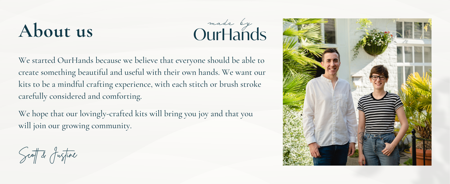 Business website 'About Us' section with decorative text and outdoor garden setting.