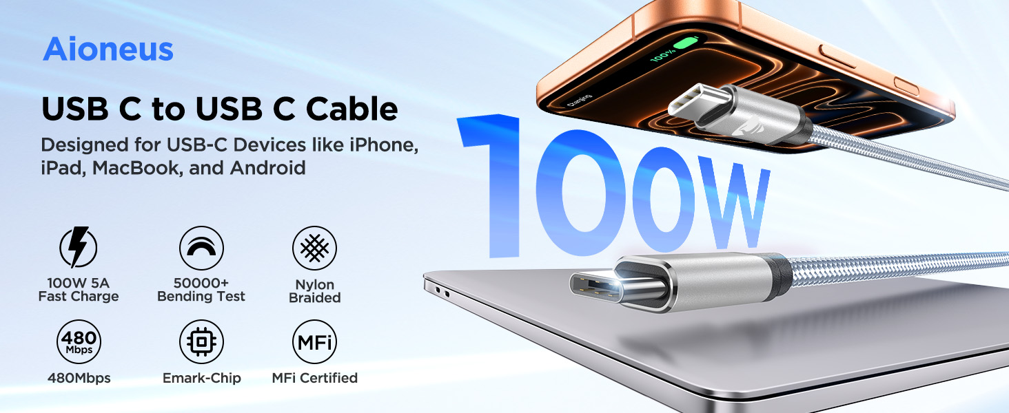 USB C to USB C Cable PD 100W 5A Super Fast Charging Braided Cord