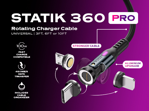 Statik 360 Pro rotating charging cable product image showing magnetic connector system and technical features on purple background.