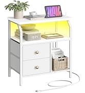 HOOBRO 23 inch Wide Nightstand with Charging Station and LED Light, Night Stand with 2 Fabric Dra...