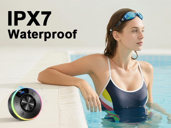 Text reads 'IPX7' and 'Waterproof'. Swimming pool scenes demonstrating waterproof capability of a device or product.