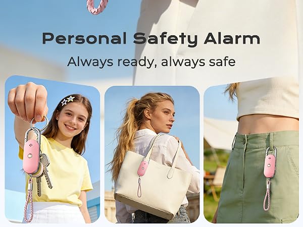 Text reads 'Personal Safety Alarm' and 'Always ready, always safe'. Pink personal safety alarm device shown worn on wrist and attached to bag by three different users.