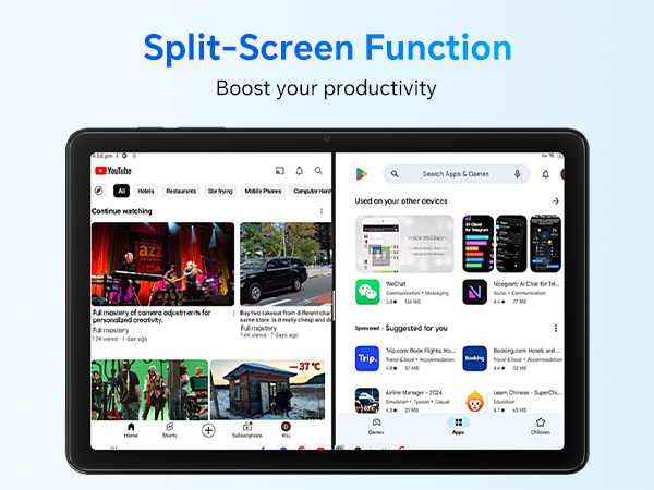Text reads 'Split-Screen Function boost your productivity'. Tablet display showing multiple app windows in split-screen view, demonstrating multitasking capability.