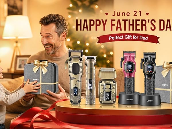 Text reads 'HAPPY FATHER'S DAY' and 'Father's Gift for Dad'. Man and child viewing product display of multiple grooming bottles and personal care items on wooden table with warm indoor lighting.