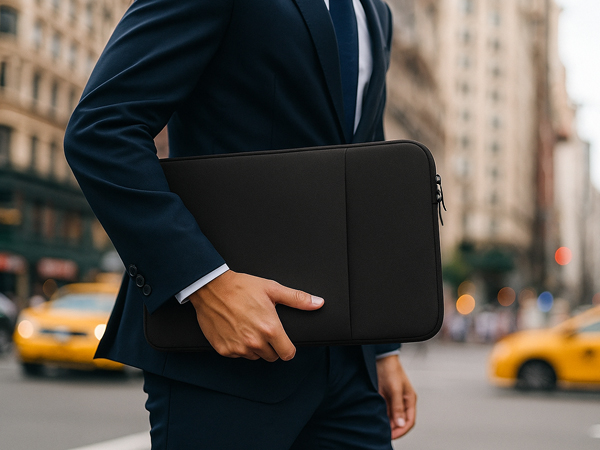 Professional carrying a black laptop sleeve or document case against urban backdrop with yellow taxi visible in background.