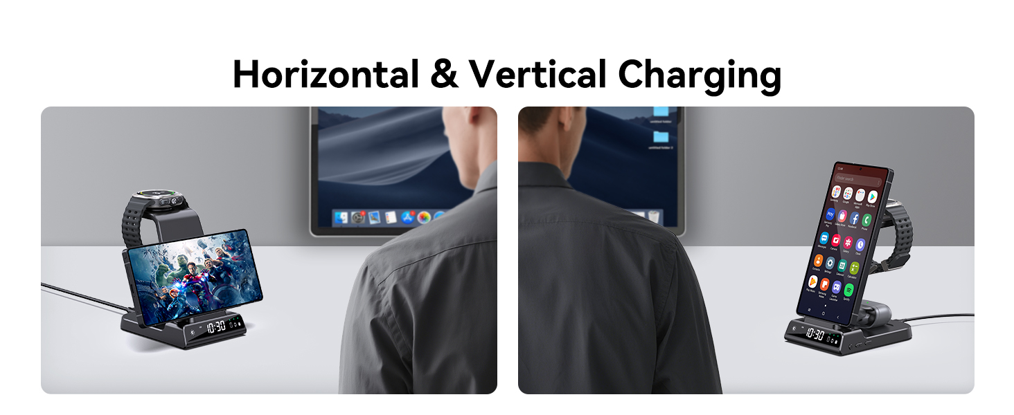 Text reads 'Horizontal &amp; Vertical Charging'. Split image showing mobile device charging in both orientations with person wearing gray jacket.