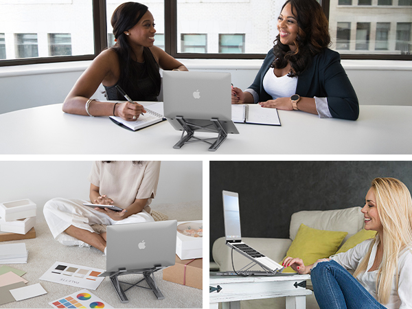 Composite of three images showing people using laptops with laptop stands in different settings: office meeting, desk workspace, and casual home setting.