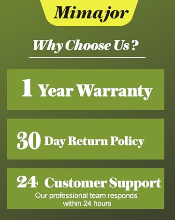 Text reads "Mimajor", "Why Choose Us?", "1 Year Warranty", "30 Day Return Policy", "24. Customer Support - Our professional team responds within 24 hours". Green banner displaying brand warranty and customer service features.