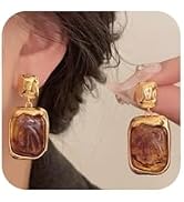 Vintage Gold Brown Square Crystal Stone Drop Dangly Earring for Women, Charm Big White Waterdrop ...