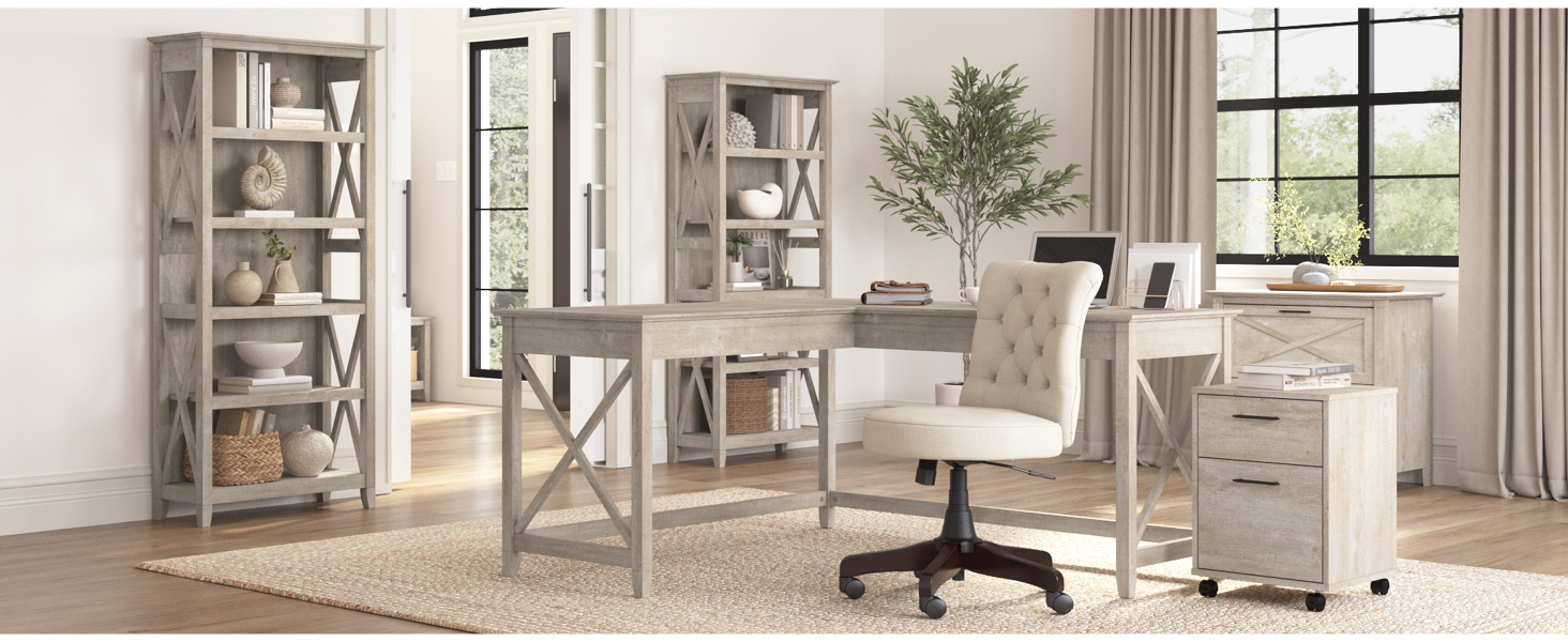 l shaped desk and chair bookcase bookshelf file cabinet under drawers storage home office farmhouse